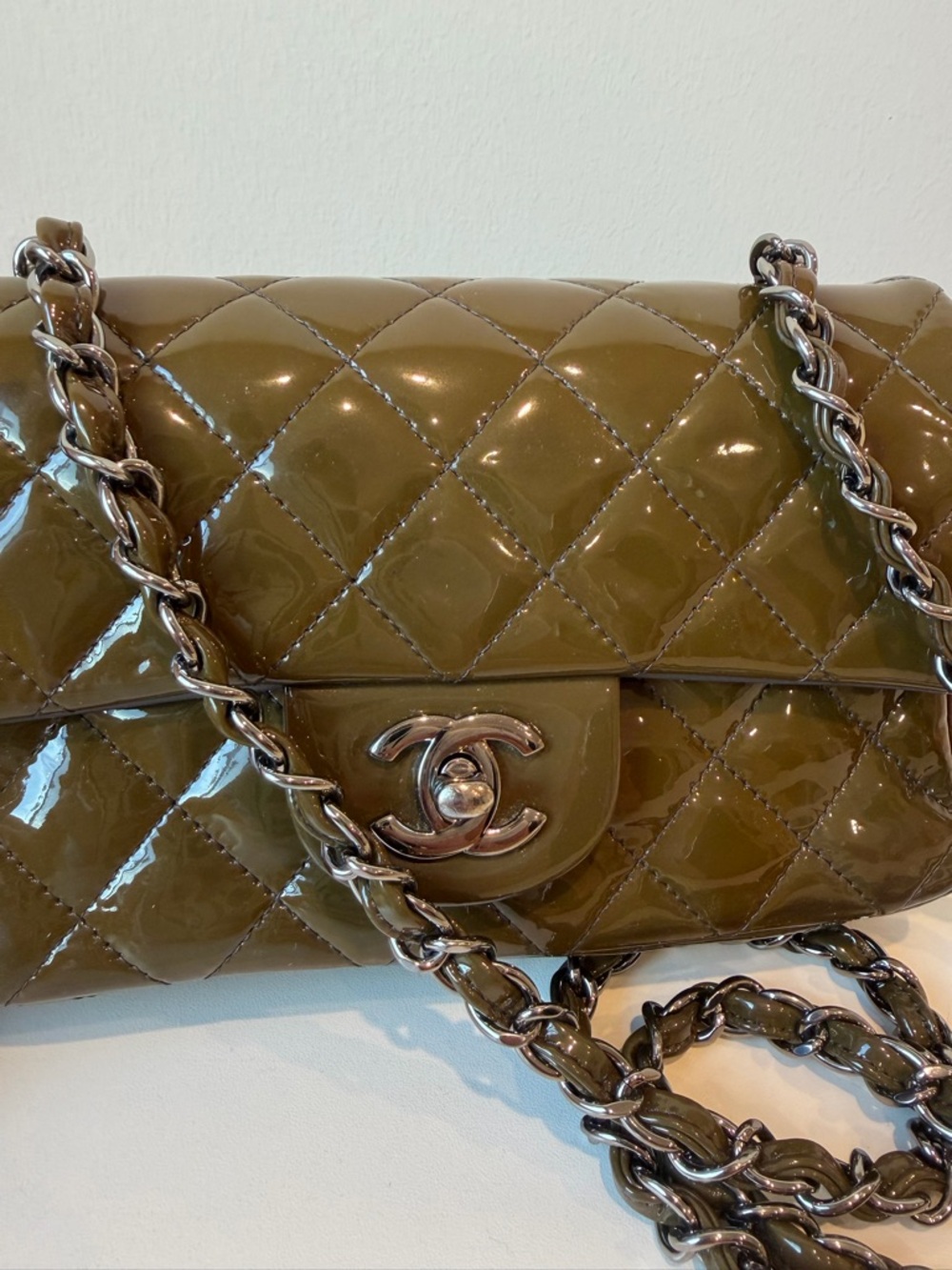 CHANEL Quilted Patent Leather Mini Flap Bag in Olive - Picture 10 of 16